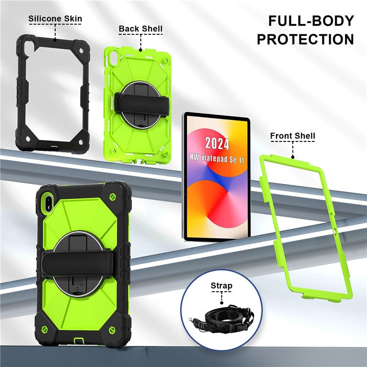 For Huawei MatePad SE 11 Case Kickstand Silicone+PC Tablet Cover with Shoulder Strap - Black / Yellowgreen