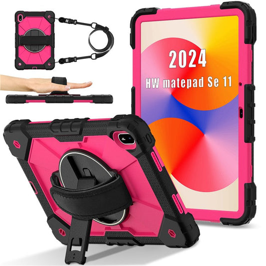 For Huawei MatePad SE 11 Case Kickstand Silicone+PC Tablet Cover with Shoulder Strap - Black / Rose