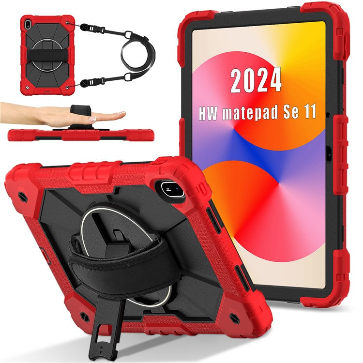 For Huawei MatePad SE 11 Case Kickstand Silicone+PC Tablet Cover with Shoulder Strap - Red / Black