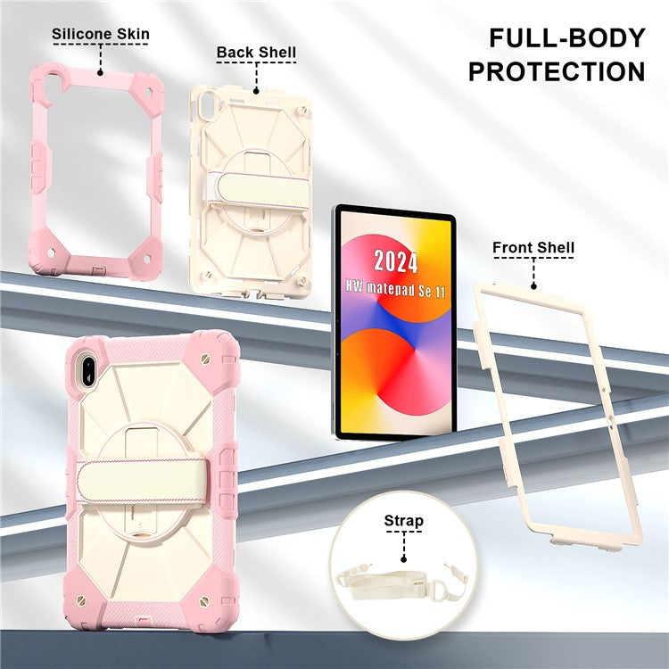 For Huawei MatePad SE 11 Case Kickstand Silicone+PC Tablet Cover with Shoulder Strap - Rose Gold