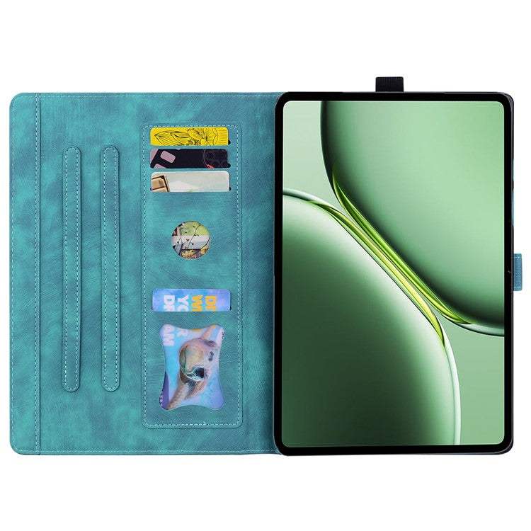 For OnePlus Pad Pro / Pad 2 Case Card Slots Leather Tablet Stand Folio Cover Flower Cat - Green