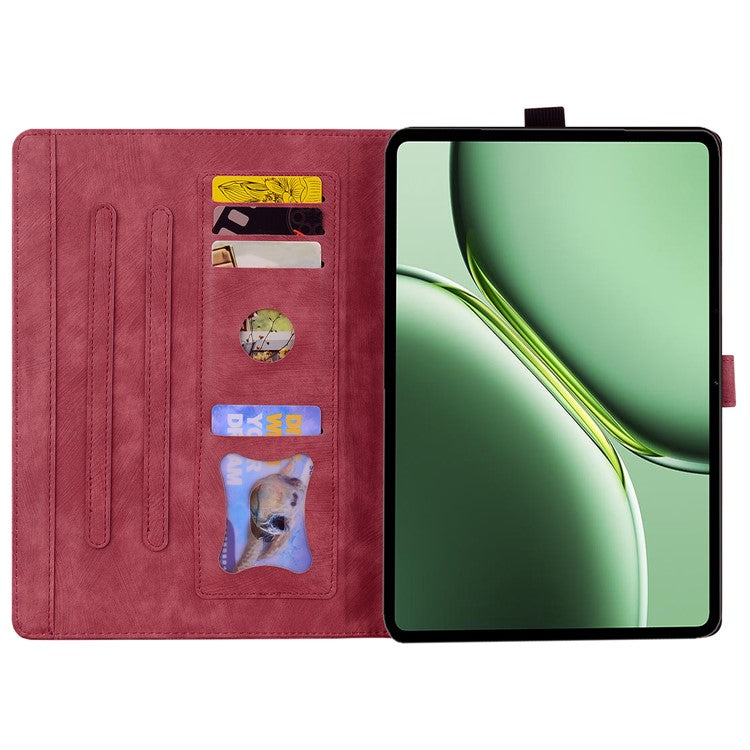 For OnePlus Pad Pro / Pad 2 Case Card Slots Leather Tablet Stand Folio Cover Flower Cat - Wine Red