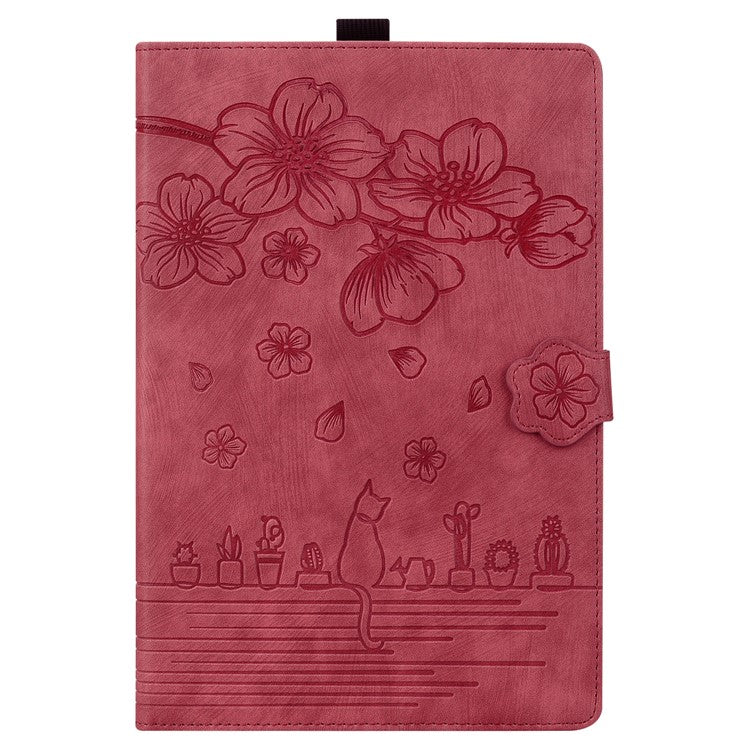 For OnePlus Pad Pro / Pad 2 Case Card Slots Leather Tablet Stand Folio Cover Flower Cat - Wine Red