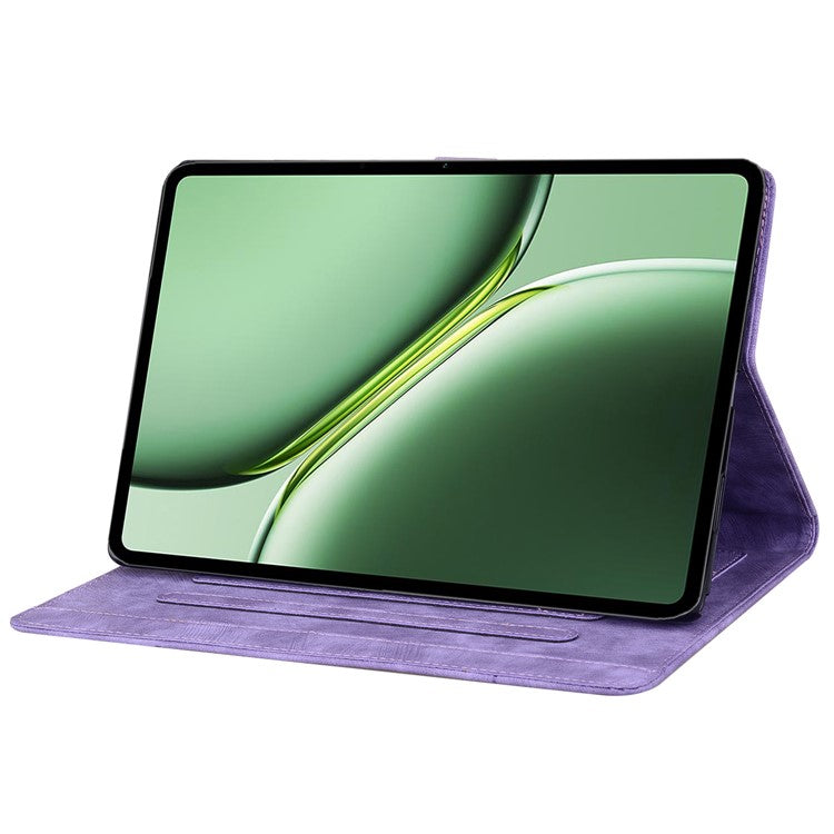 For OnePlus Pad Pro / Pad 2 Case Card Slots Leather Tablet Stand Folio Cover Flower Cat - Purple