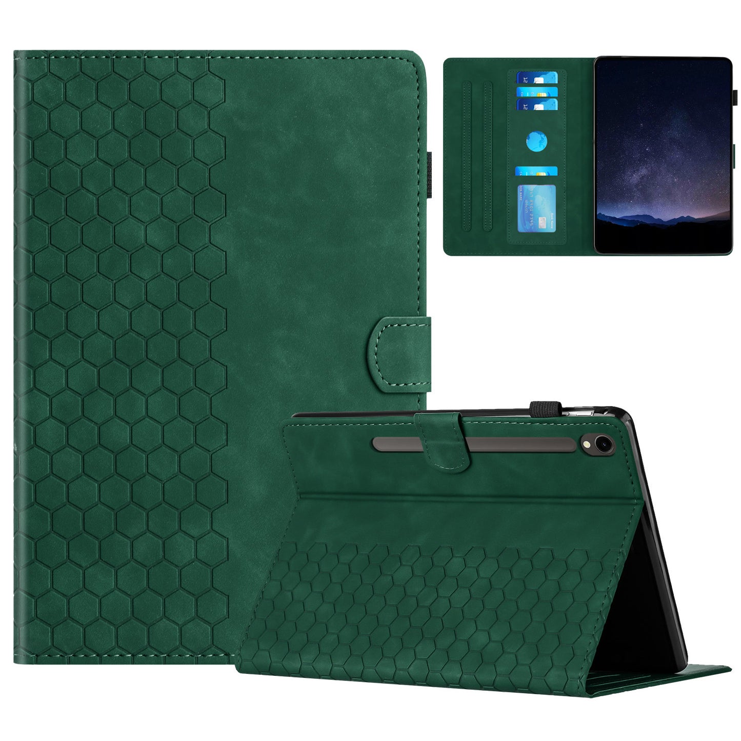 For Samsung Galaxy Tab S9 FE  /  S9 Case Honeycomb Printed Leather Tablet Cover with Card Slot - Green