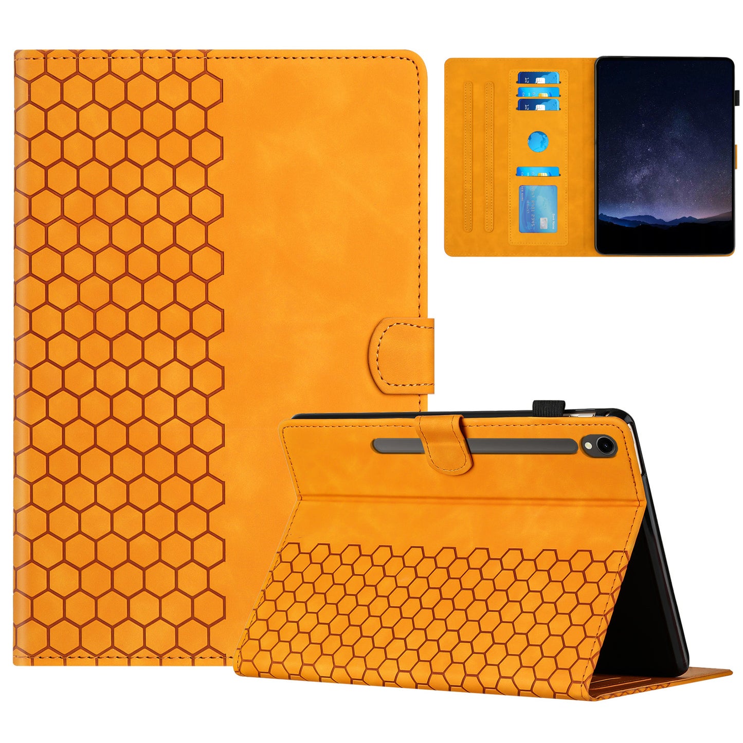 For Samsung Galaxy Tab S9 FE  /  S9 Case Honeycomb Printed Leather Tablet Cover with Card Slot - Yellow