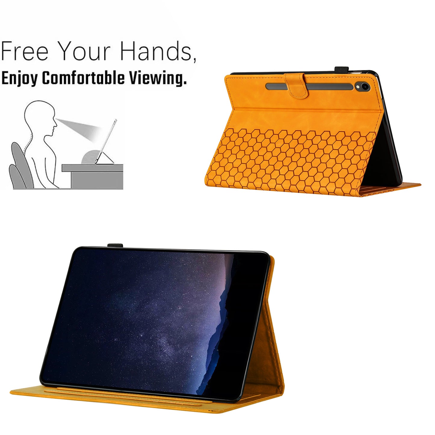 For Samsung Galaxy Tab S9 FE  /  S9 Case Honeycomb Printed Leather Tablet Cover with Card Slot - Yellow