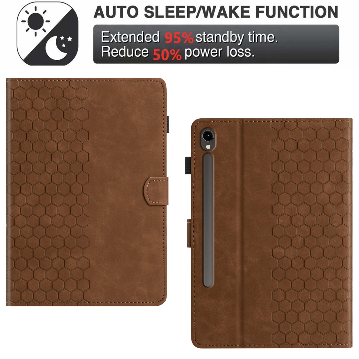 For Samsung Galaxy Tab S9 FE  /  S9 Case Honeycomb Printed Leather Tablet Cover with Card Slot - Brown