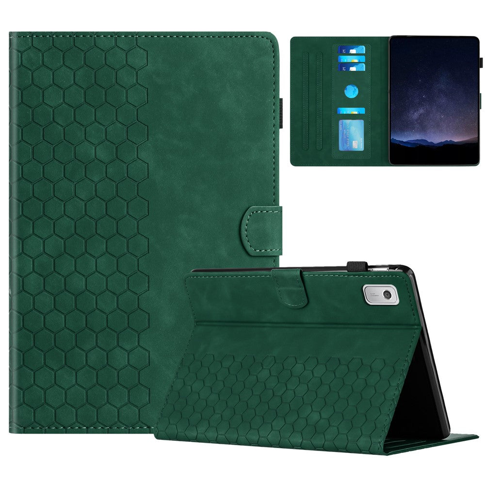 For Lenovo Tab P11 Gen 2 Case Honeycomb Printed Leather Tablet Cover with Card Slot - Green