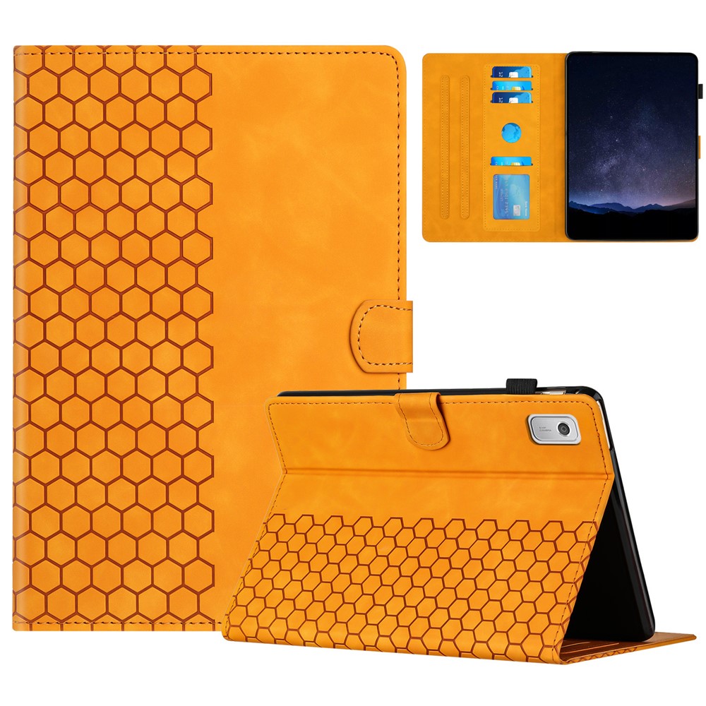 For Lenovo Tab P11 Gen 2 Case Honeycomb Printed Leather Tablet Cover with Card Slot - Yellow