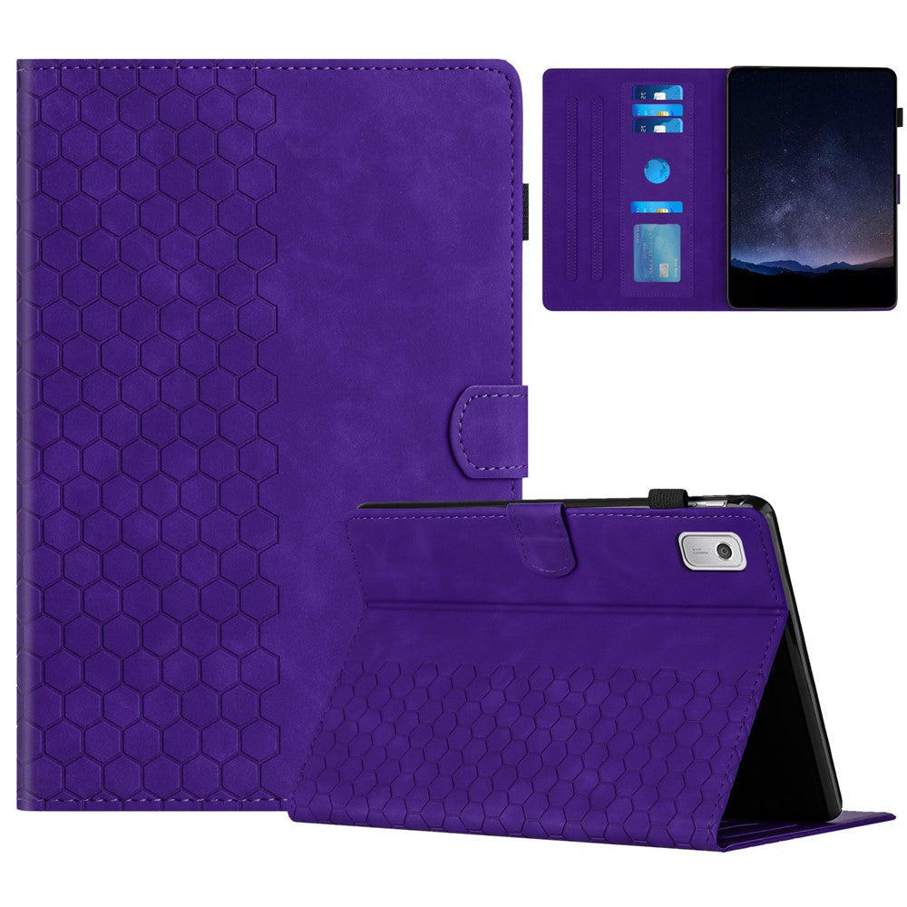 For Lenovo Tab P11 Gen 2 Case Honeycomb Printed Leather Tablet Cover with Card Slot - Purple