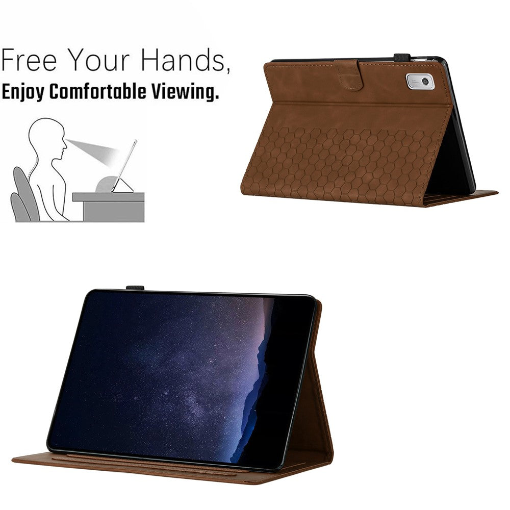 For Lenovo Tab P11 Gen 2 Case Honeycomb Printed Leather Tablet Cover with Card Slot - Brown