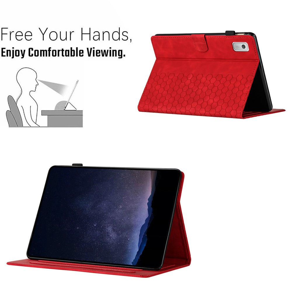 For Lenovo Tab P11 Gen 2 Case Honeycomb Printed Leather Tablet Cover with Card Slot - Red