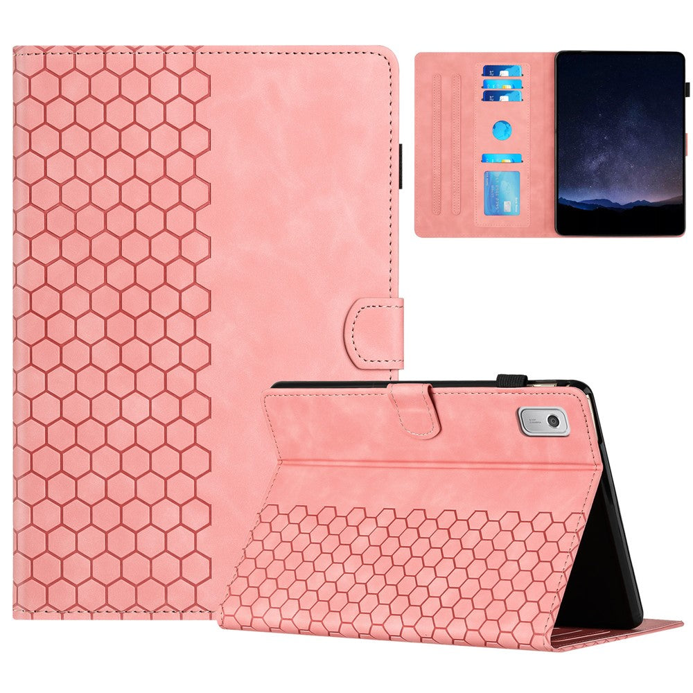 For Lenovo Tab P11 Gen 2 Case Honeycomb Printed Leather Tablet Cover with Card Slot - Pink