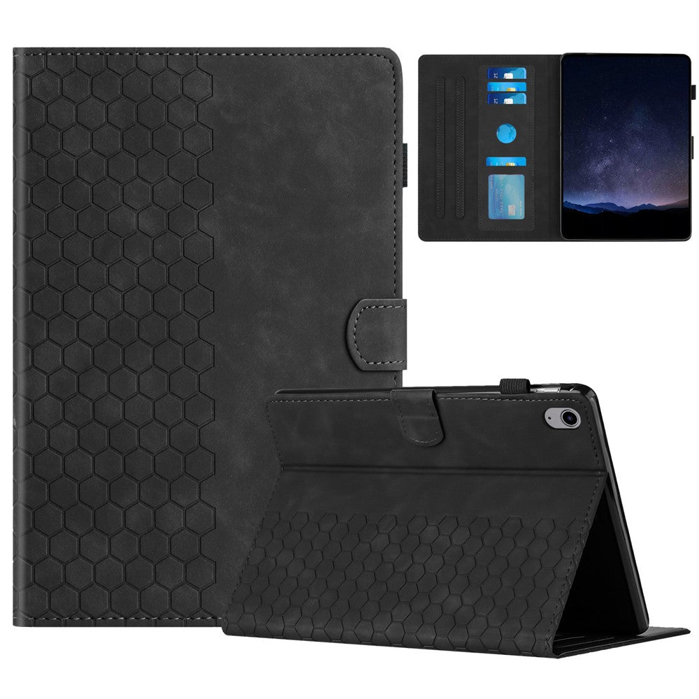 For Lenovo Tab P11 Case Honeycomb Printed Leather Tablet Cover with Card Slot - Black