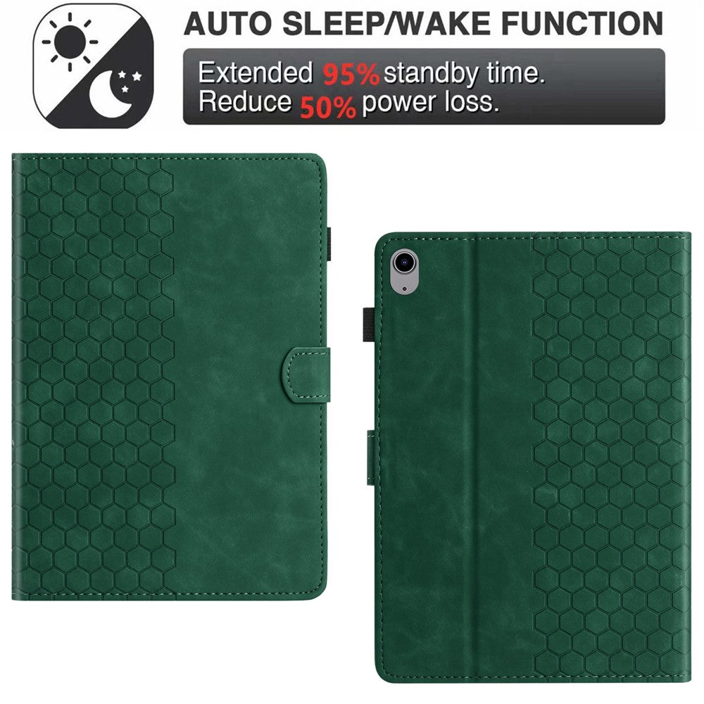 For Lenovo Tab P11 Case Honeycomb Printed Leather Tablet Cover with Card Slot - Green