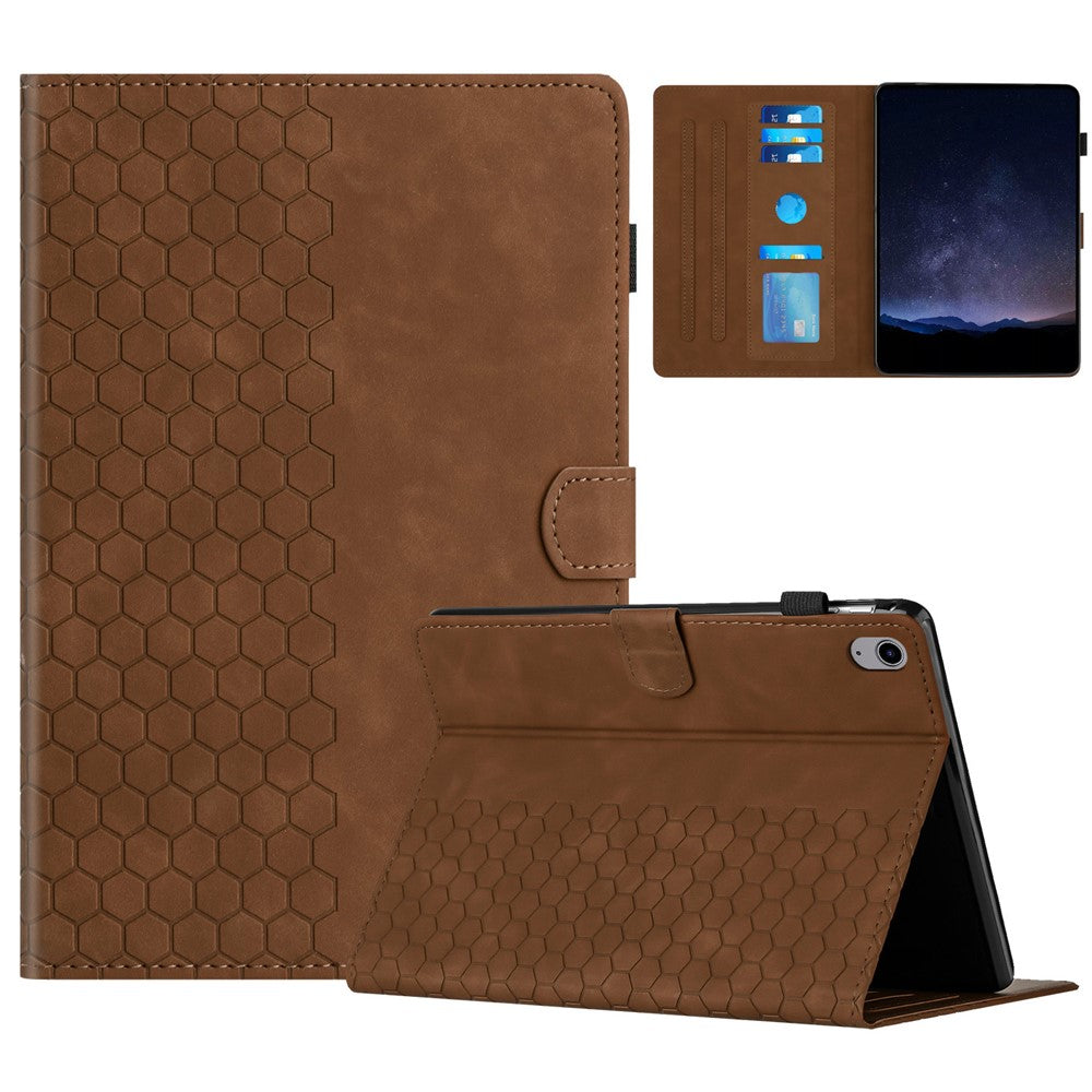 For Lenovo Tab P11 Case Honeycomb Printed Leather Tablet Cover with Card Slot - Brown