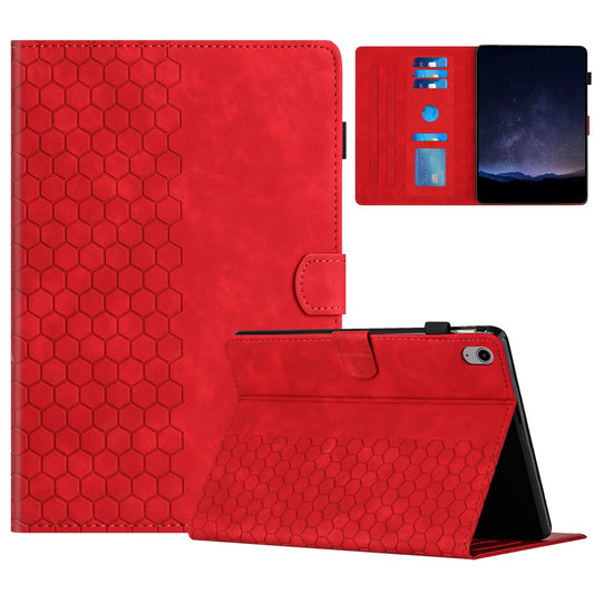 For Lenovo Tab P11 Case Honeycomb Printed Leather Tablet Cover with Card Slot - Red