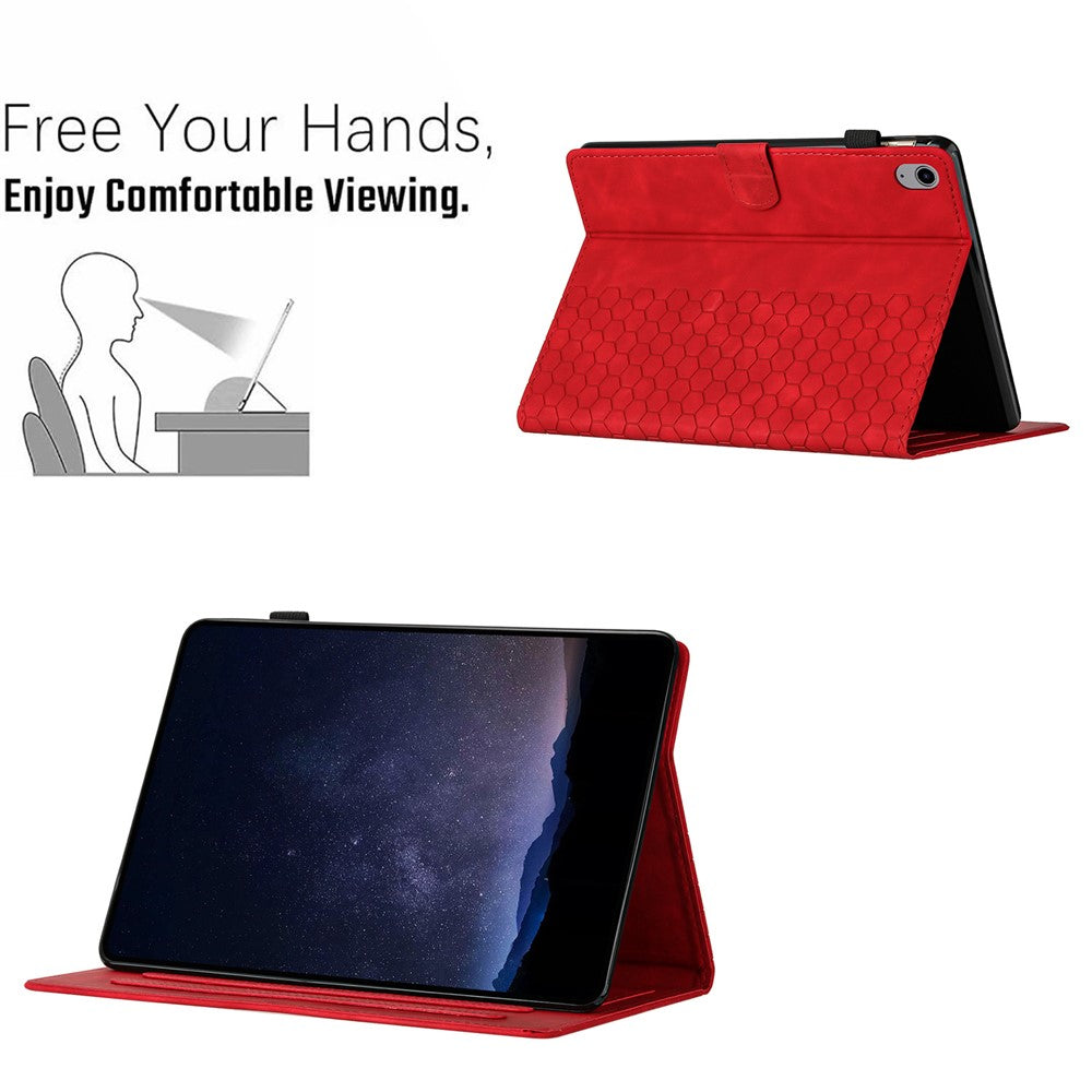 For Lenovo Tab P11 Case Honeycomb Printed Leather Tablet Cover with Card Slot - Red