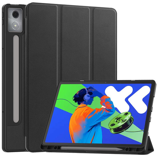 For Lenovo Xiaoxin Pad Pro 12.7 (2025) Stand Case Shock-Absorbent Leather Tablet Cover with Pen Slot - Black