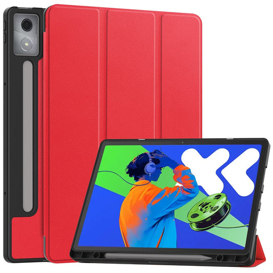 For Lenovo Xiaoxin Pad Pro 12.7 (2025) Stand Case Shock-Absorbent Leather Tablet Cover with Pen Slot - Red