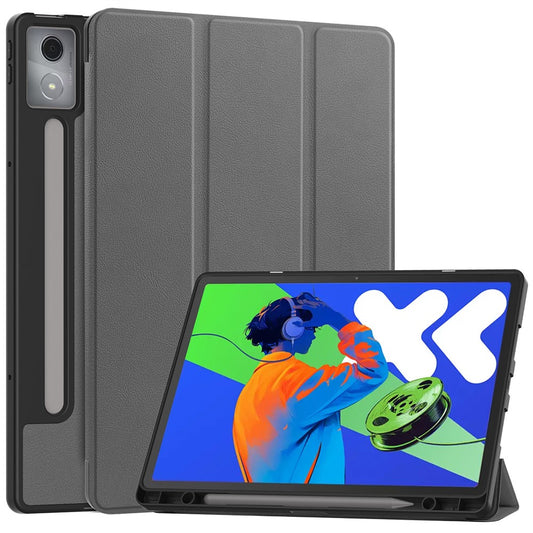 For Lenovo Xiaoxin Pad Pro 12.7 (2025) Stand Case Shock-Absorbent Leather Tablet Cover with Pen Slot - Grey