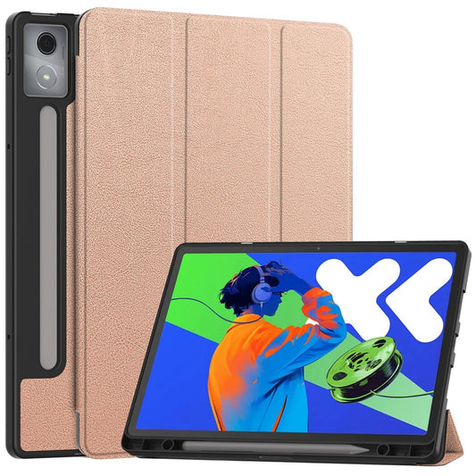 For Lenovo Xiaoxin Pad Pro 12.7 (2025) Stand Case Shock-Absorbent Leather Tablet Cover with Pen Slot - Rose Gold