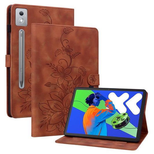 For Lenovo Tab P12 Pro 12.7 2025 / Xiaoxin Pad Pro 12.7 (2025) Case Lily Flower Imprint Card Slots Leather Tablet Cover - Brown