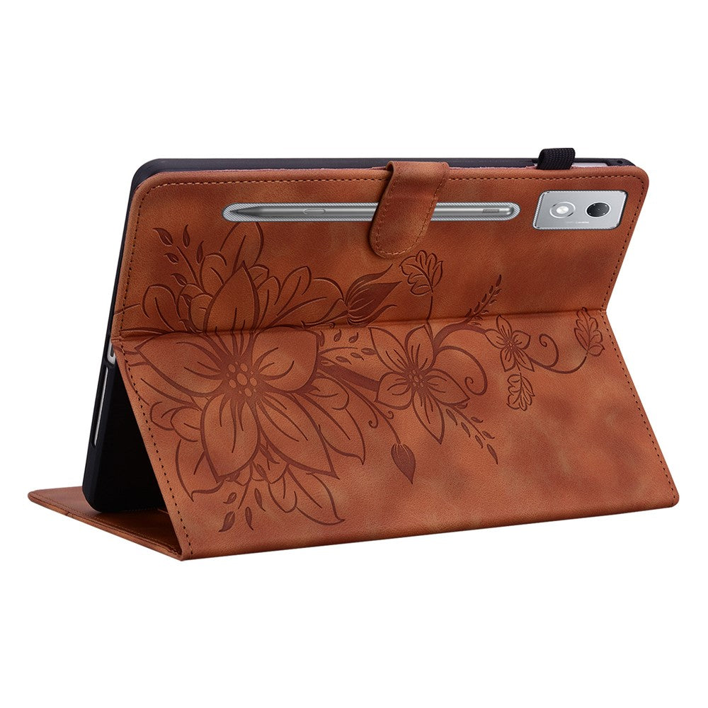 For Lenovo Tab P12 Pro 12.7 2025 / Xiaoxin Pad Pro 12.7 (2025) Case Lily Flower Imprint Card Slots Leather Tablet Cover - Brown
