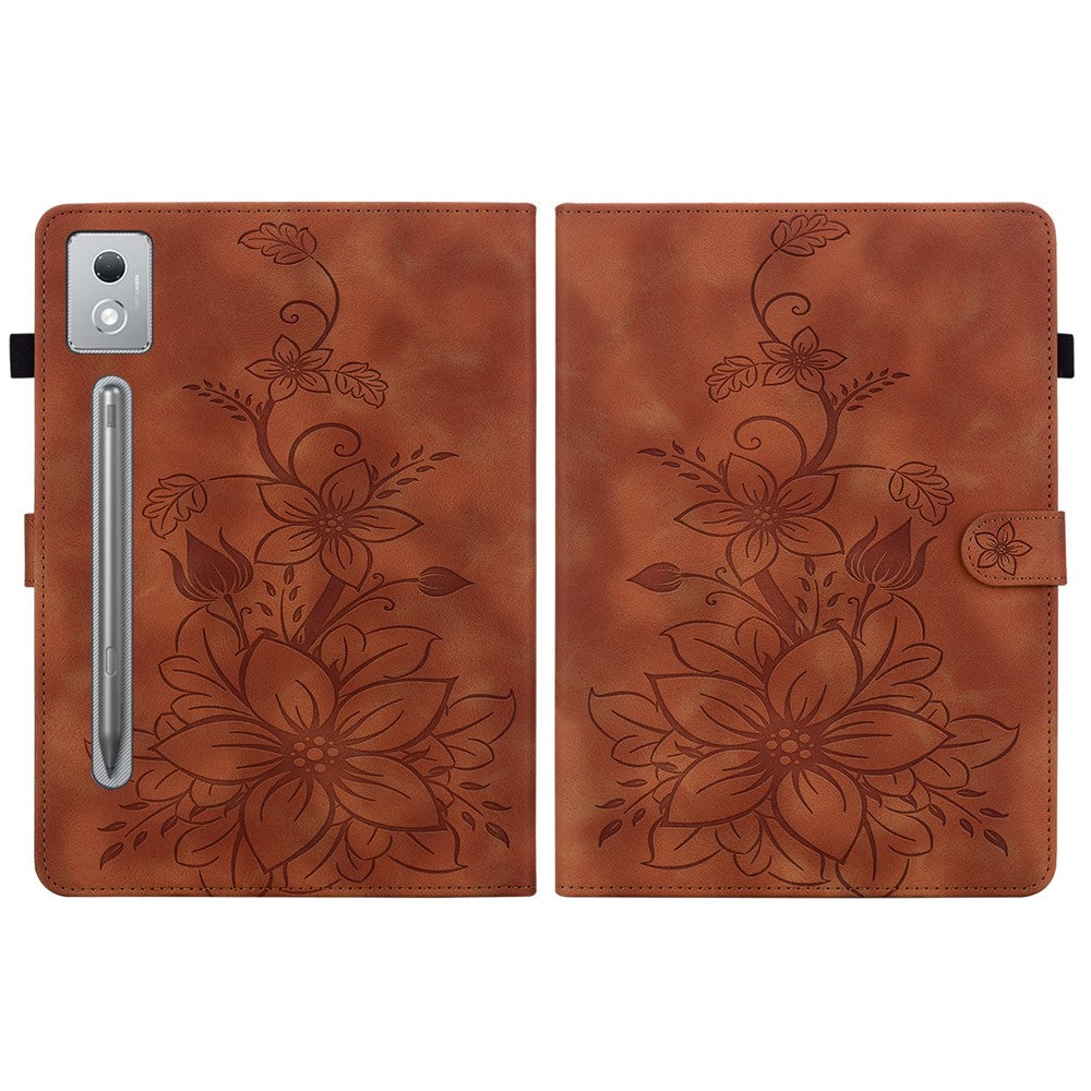 For Lenovo Tab P12 Pro 12.7 2025 / Xiaoxin Pad Pro 12.7 (2025) Case Lily Flower Imprint Card Slots Leather Tablet Cover - Brown