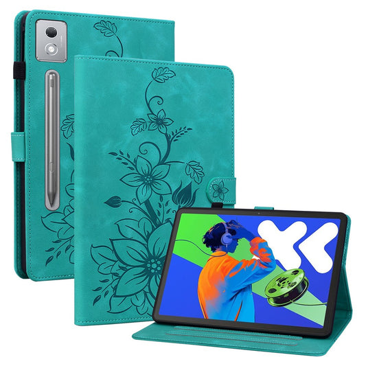 For Lenovo Tab P12 Pro 12.7 2025 / Xiaoxin Pad Pro 12.7 (2025) Case Lily Flower Imprint Card Slots Leather Tablet Cover - Green