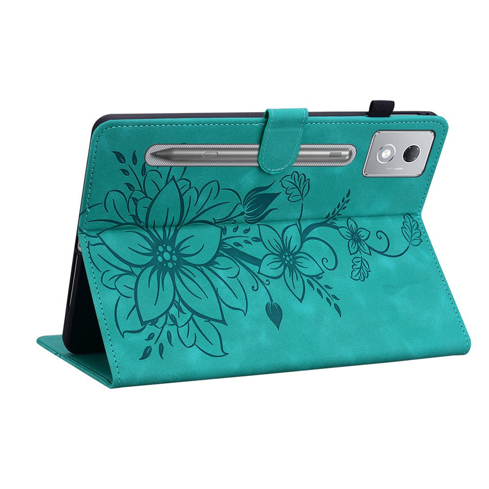 For Lenovo Tab P12 Pro 12.7 2025 / Xiaoxin Pad Pro 12.7 (2025) Case Lily Flower Imprint Card Slots Leather Tablet Cover - Green