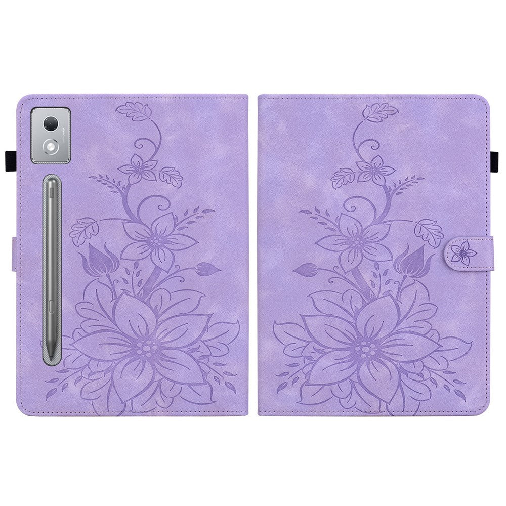 For Lenovo Tab P12 Pro 12.7 2025 / Xiaoxin Pad Pro 12.7 (2025) Case Lily Flower Imprint Card Slots Leather Tablet Cover - Purple