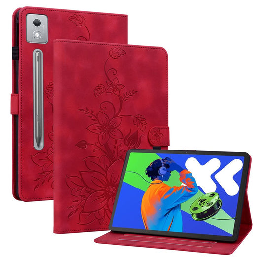 For Lenovo Tab P12 Pro 12.7 2025 / Xiaoxin Pad Pro 12.7 (2025) Case Lily Flower Imprint Card Slots Leather Tablet Cover - Red