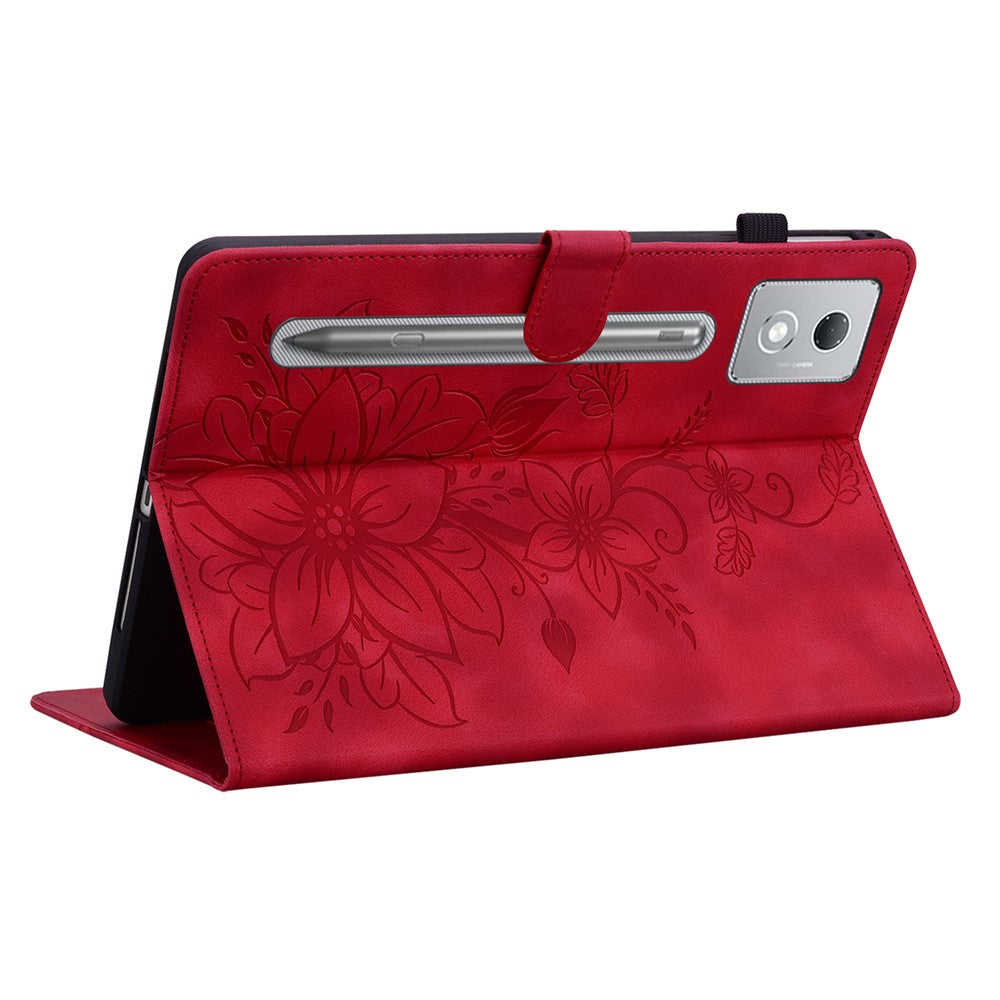 For Lenovo Tab P12 Pro 12.7 2025 / Xiaoxin Pad Pro 12.7 (2025) Case Lily Flower Imprint Card Slots Leather Tablet Cover - Red