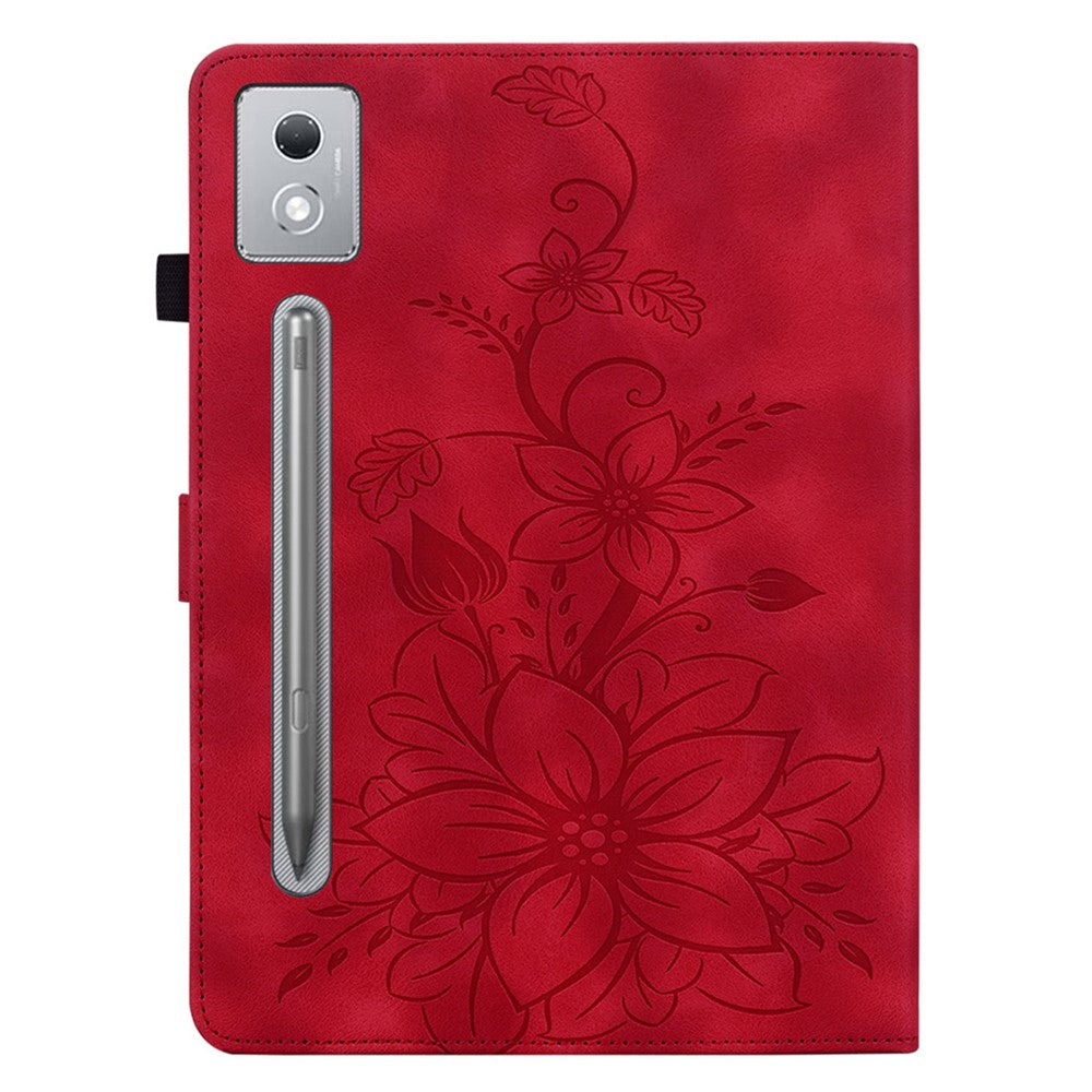 For Lenovo Tab P12 Pro 12.7 2025 / Xiaoxin Pad Pro 12.7 (2025) Case Lily Flower Imprint Card Slots Leather Tablet Cover - Red
