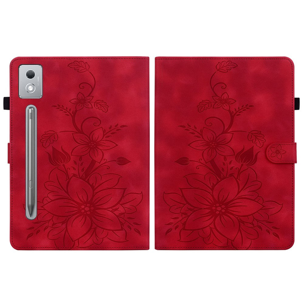 For Lenovo Tab P12 Pro 12.7 2025 / Xiaoxin Pad Pro 12.7 (2025) Case Lily Flower Imprint Card Slots Leather Tablet Cover - Red
