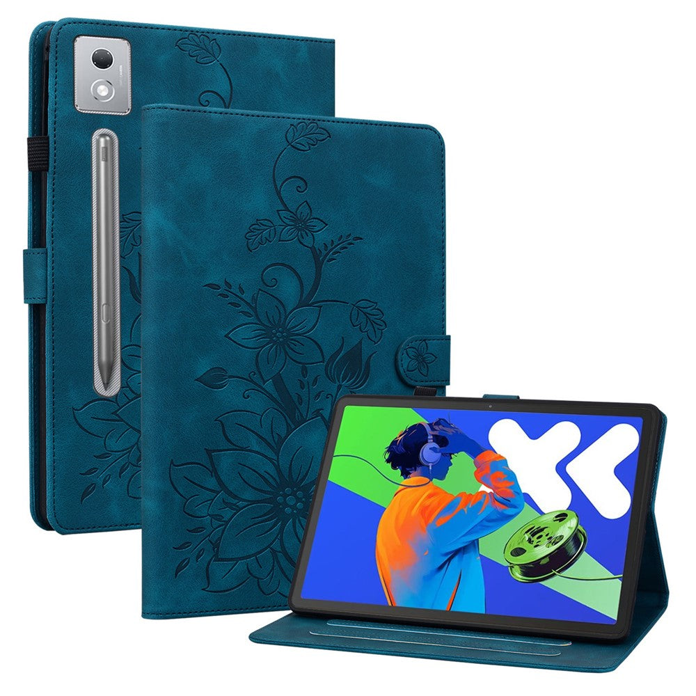 For Lenovo Tab P12 Pro 12.7 2025 / Xiaoxin Pad Pro 12.7 (2025) Case Lily Flower Imprint Card Slots Leather Tablet Cover - Blue