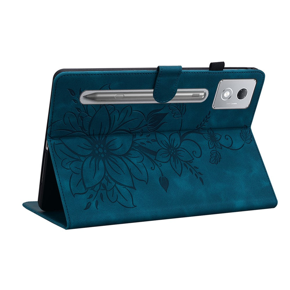 For Lenovo Tab P12 Pro 12.7 2025 / Xiaoxin Pad Pro 12.7 (2025) Case Lily Flower Imprint Card Slots Leather Tablet Cover - Blue