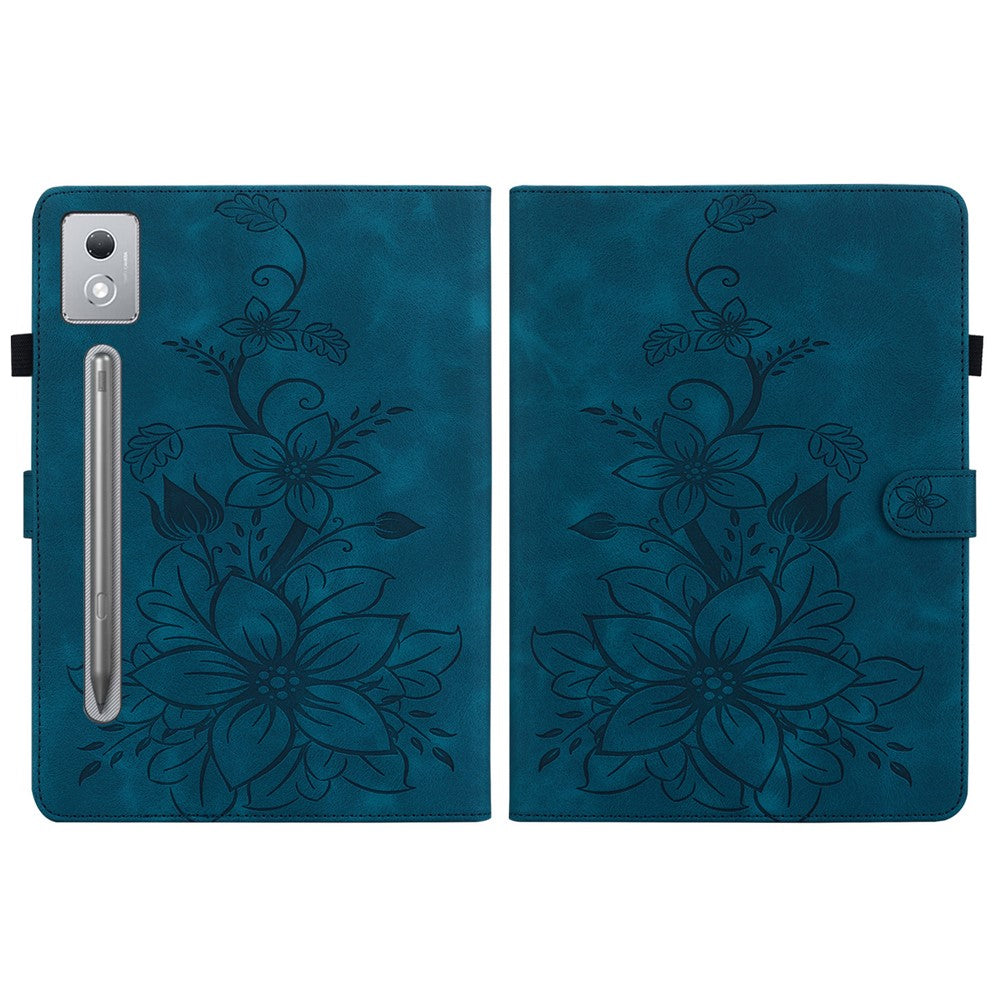 For Lenovo Tab P12 Pro 12.7 2025 / Xiaoxin Pad Pro 12.7 (2025) Case Lily Flower Imprint Card Slots Leather Tablet Cover - Blue