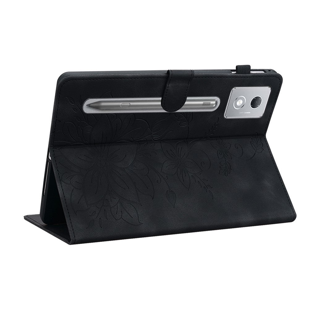For Lenovo Tab P12 Pro 12.7 2025 / Xiaoxin Pad Pro 12.7 (2025) Case Lily Flower Imprint Card Slots Leather Tablet Cover - Black