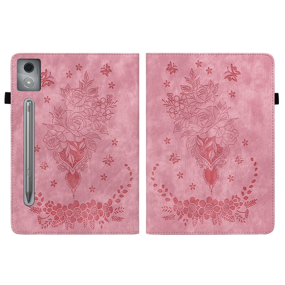 For Lenovo Tab P12 Pro 12.7 2025 / Xiaoxin Pad Pro 12.7 (2025) Case Card Holder Anti-Scratch Leather Cover Rose Flower Imprint - Pink