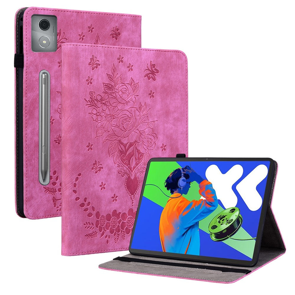 For Lenovo Tab P12 Pro 12.7 2025 / Xiaoxin Pad Pro 12.7 (2025) Case Card Holder Anti-Scratch Leather Cover Rose Flower Imprint - Rose