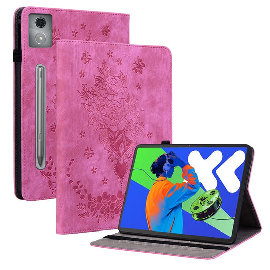 For Lenovo Tab P12 Pro 12.7 2025 / Xiaoxin Pad Pro 12.7 (2025) Case Card Holder Anti-Scratch Leather Cover Rose Flower Imprint - Rose