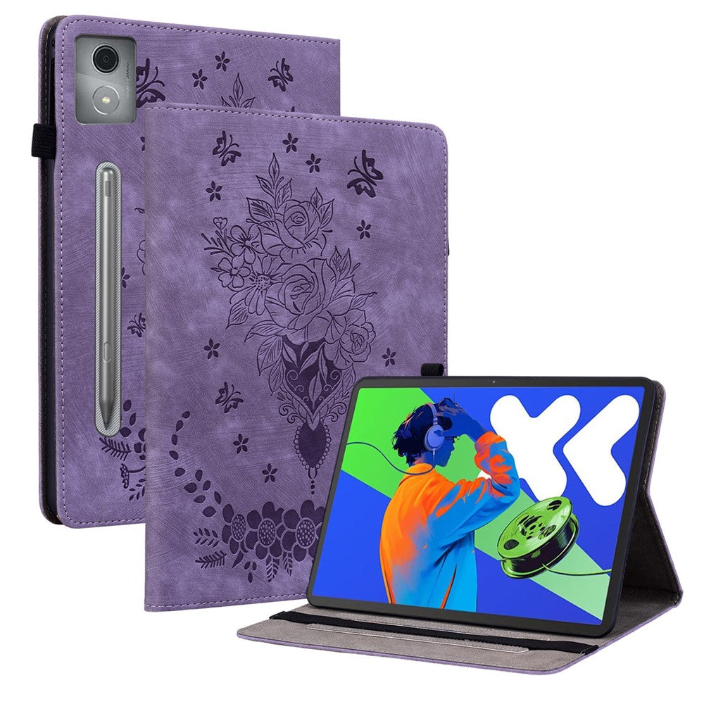 For Lenovo Tab P12 Pro 12.7 2025 / Xiaoxin Pad Pro 12.7 (2025) Case Card Holder Anti-Scratch Leather Cover Rose Flower Imprint - Purple