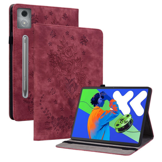 For Lenovo Tab P12 Pro 12.7 2025 / Xiaoxin Pad Pro 12.7 (2025) Case Card Holder Anti-Scratch Leather Cover Rose Flower Imprint - Red