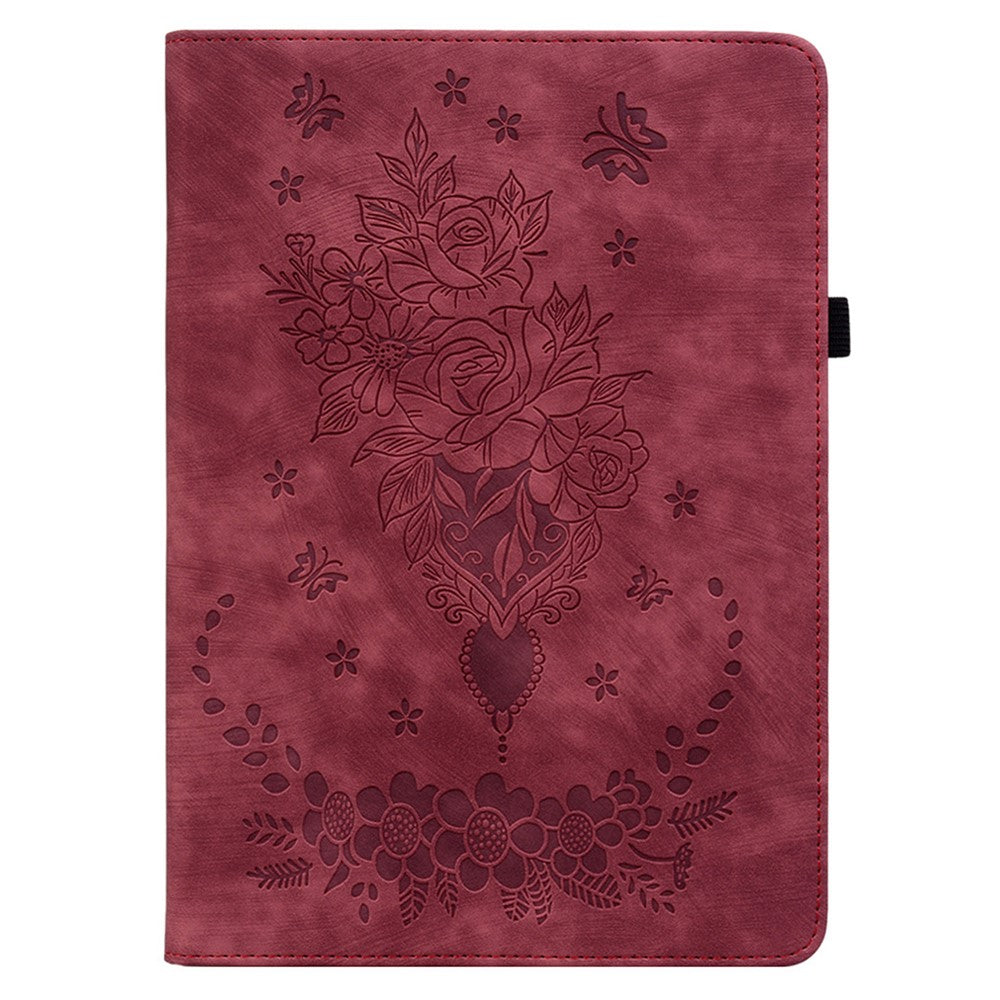 For Lenovo Tab P12 Pro 12.7 2025 / Xiaoxin Pad Pro 12.7 (2025) Case Card Holder Anti-Scratch Leather Cover Rose Flower Imprint - Red