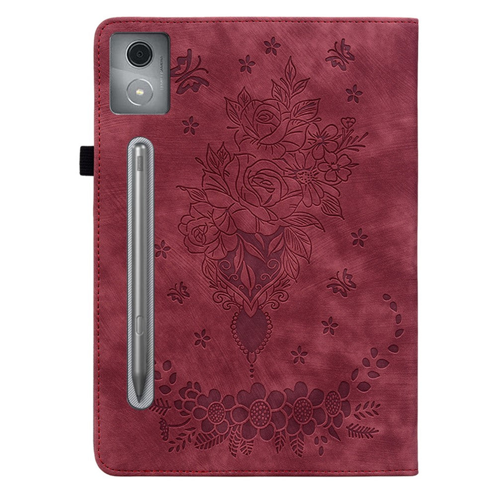 For Lenovo Tab P12 Pro 12.7 2025 / Xiaoxin Pad Pro 12.7 (2025) Case Card Holder Anti-Scratch Leather Cover Rose Flower Imprint - Red