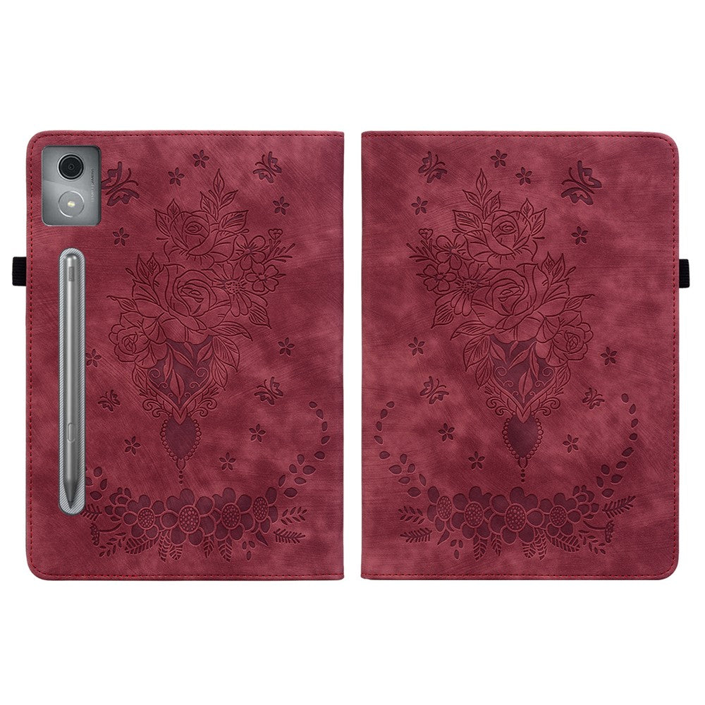 For Lenovo Tab P12 Pro 12.7 2025 / Xiaoxin Pad Pro 12.7 (2025) Case Card Holder Anti-Scratch Leather Cover Rose Flower Imprint - Red