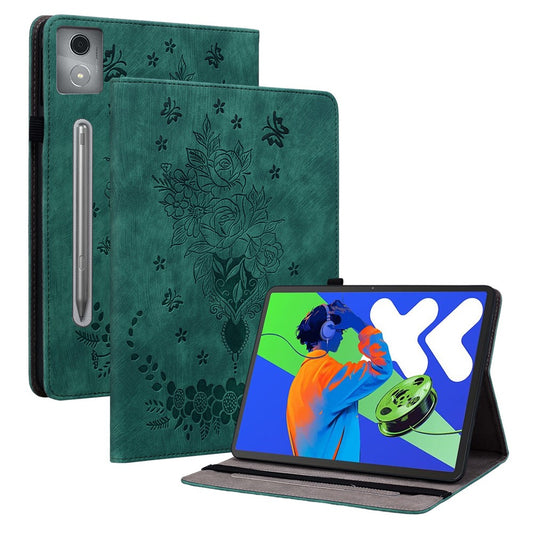 For Lenovo Tab P12 Pro 12.7 2025 / Xiaoxin Pad Pro 12.7 (2025) Case Card Holder Anti-Scratch Leather Cover Rose Flower Imprint - Green